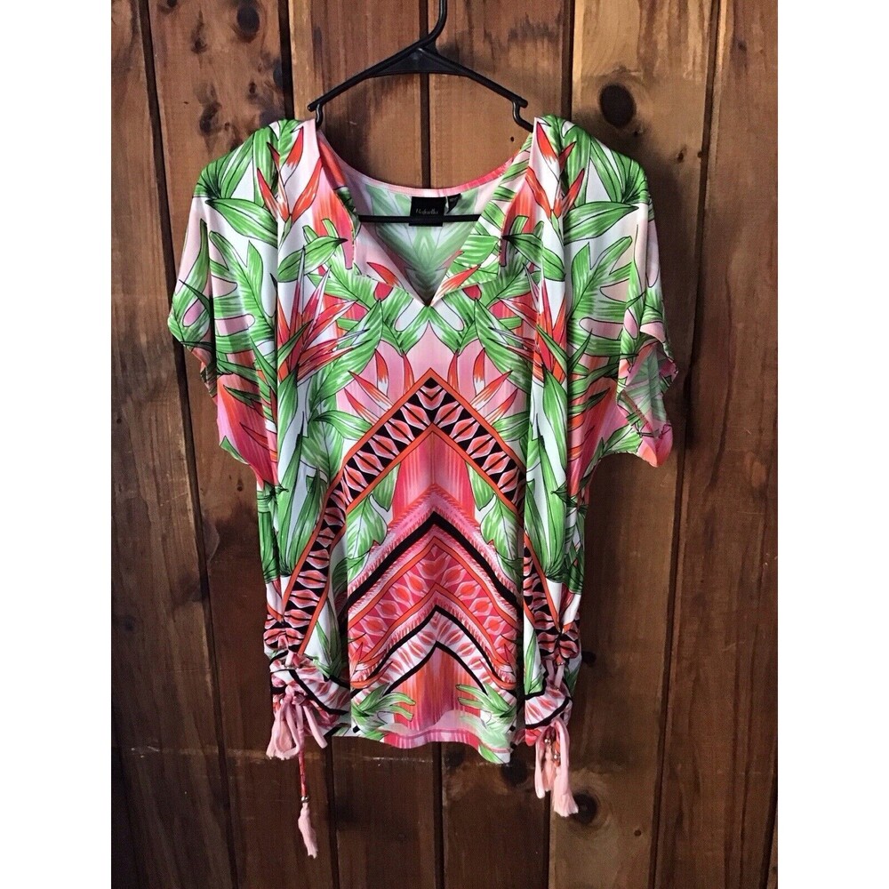 Rafaella Womens Top Size MP Multicolored Short Sleeve Ruched Sides Tassels